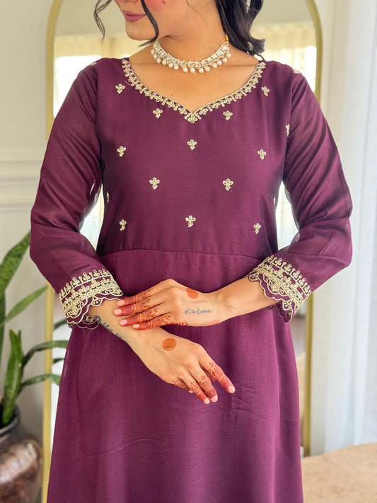 Women's Gorgeous Vichitra Silk Fabric Embroidery Work Flared Anarkali Pant and Dupatta Set