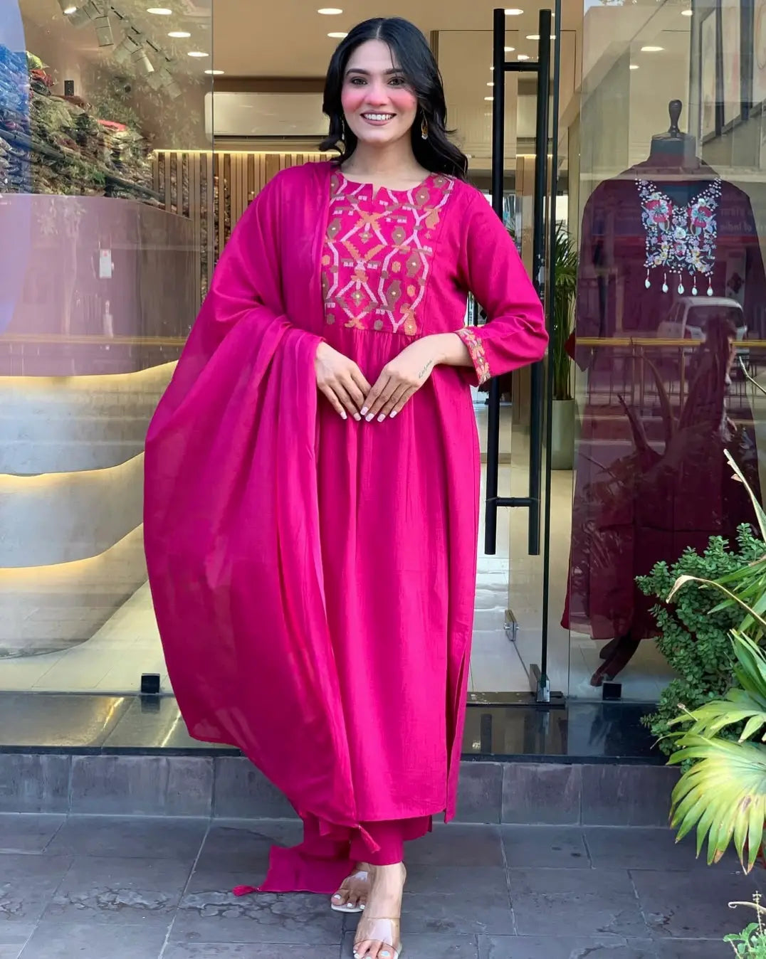 Women's Gorgeous Chanderi Fabric Embroidery Work Straight Kurta Pant and Dupatta Set