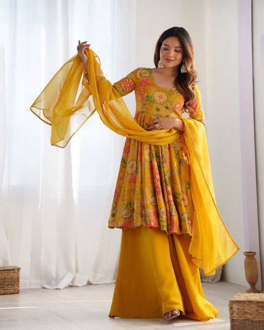 Women's Gorgeous Printed Roman Silk Chanderi Fabric Flared Kurta Palazzo and Dupatta Set