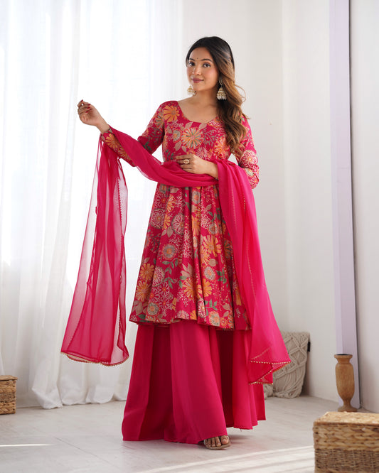 Women's Gorgeous Printed Roman Silk Chanderi Fabric Flared Kurta Palazzo and Dupatta Set