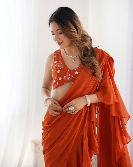 Red Ruffled Pre-Stitched Saree Set With Floral Hand Embroidered Blouse