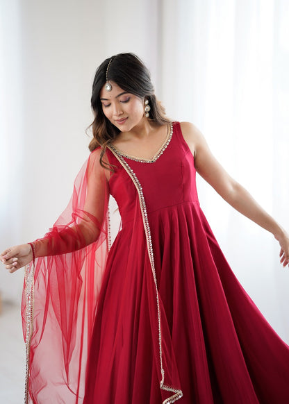 Maroon Pure Romansilk Chanderi Plain Fully Flair Anarkali Suit