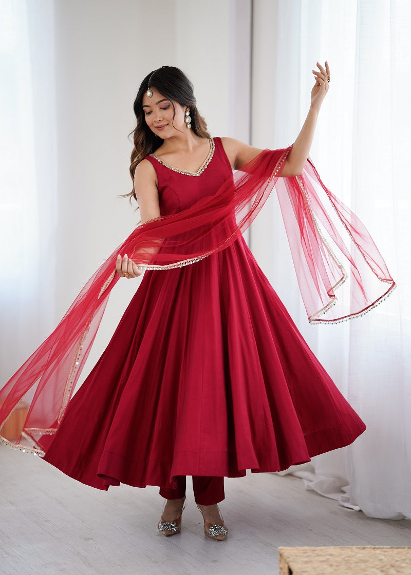 Maroon Pure Romansilk Chanderi Plain Fully Flair Anarkali Suit