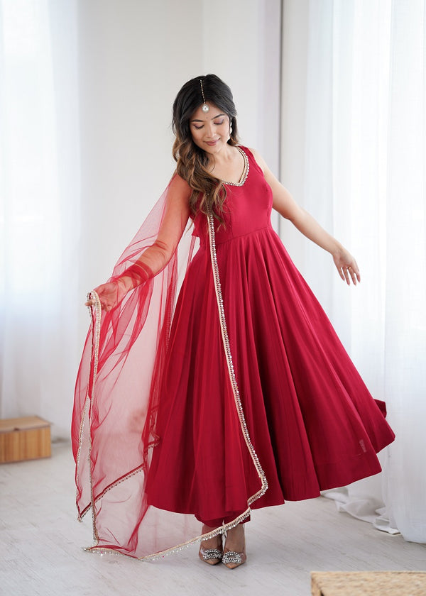 Maroon Pure Romansilk Chanderi Plain Fully Flair Anarkali Suit