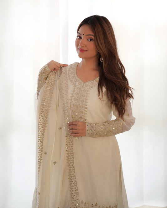 Women's Gorgeous Embroidery Work Chinon Silk Fabric Straight Kurta Pant and Dupatta Set