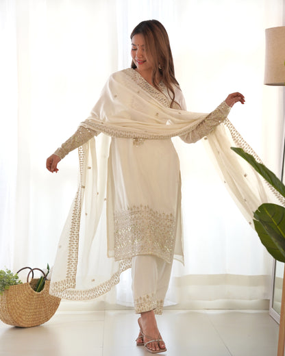 Women's Gorgeous Embroidery Work Chinon Silk Fabric Straight Kurta Pant and Dupatta Set