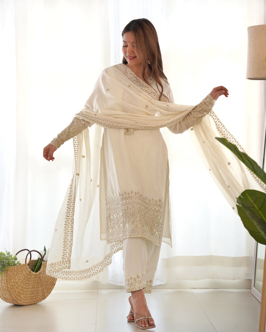 Women's Gorgeous Embroidery Work Chinon Silk Fabric Straight Kurta Pant and Dupatta Set