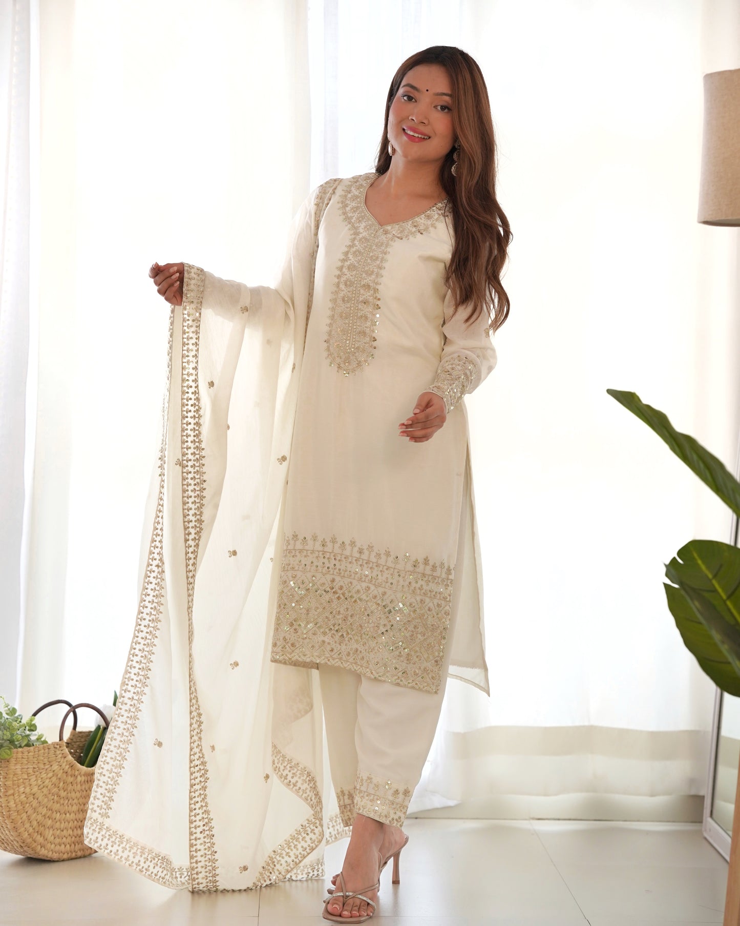 Women's Gorgeous Embroidery Work Chinon Silk Fabric Straight Kurta Pant and Dupatta Set