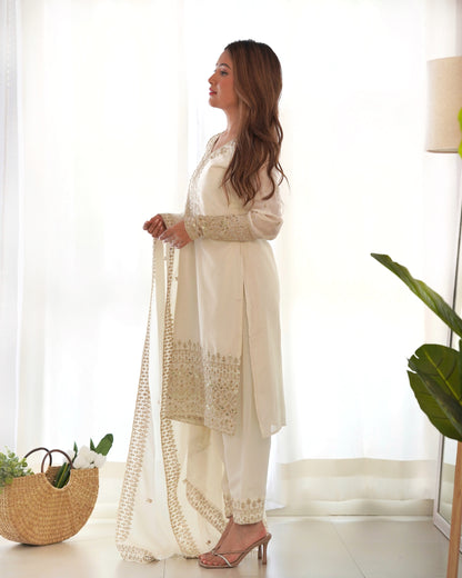 Women's Gorgeous Embroidery Work Chinon Silk Fabric Straight Kurta Pant and Dupatta Set