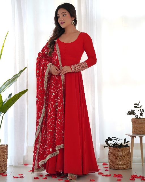 Women's Gorgeous Embroidery Work Fox Georgette Fabric Flared Anarkali Pant and Dupatta Set