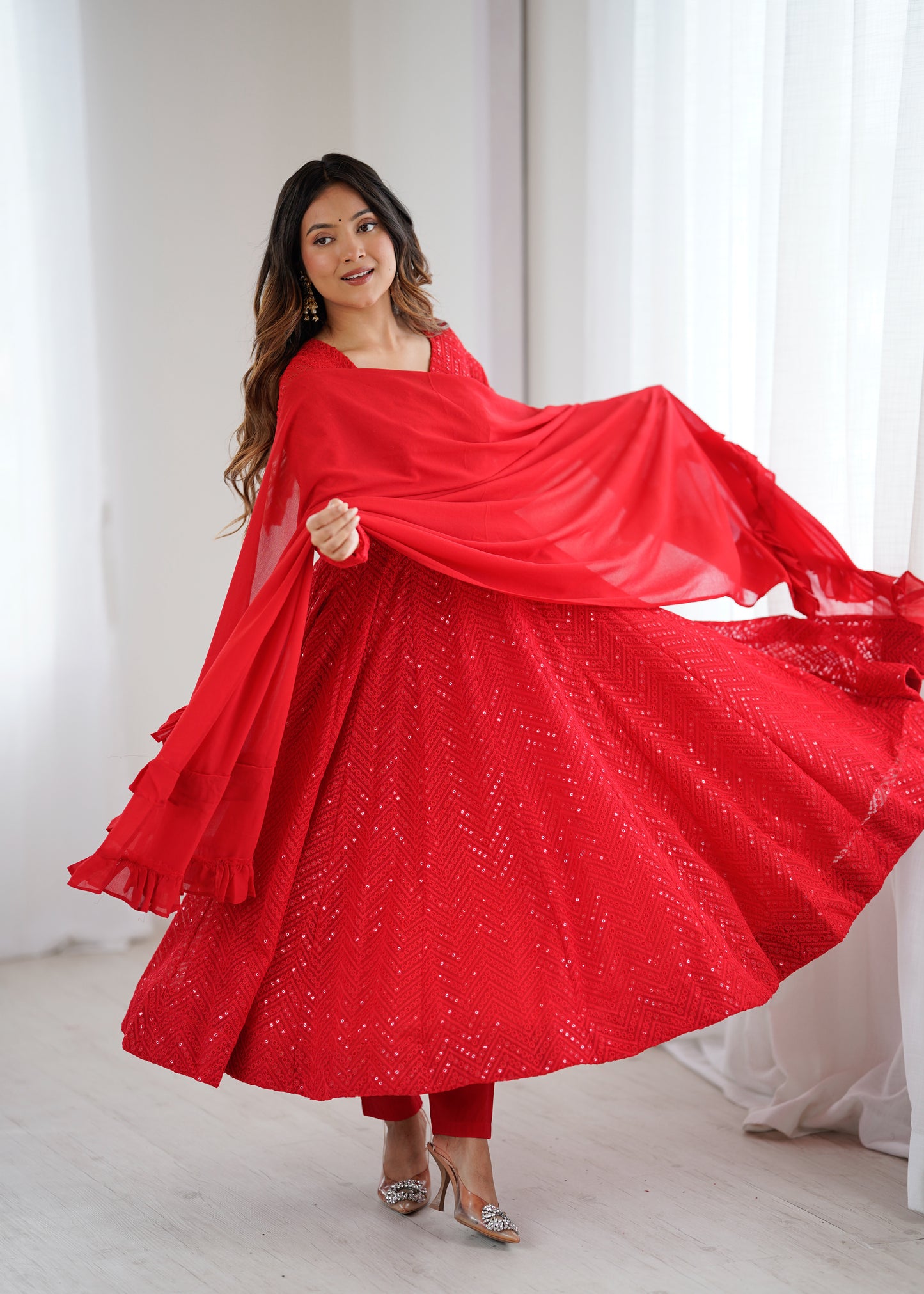 Women's Gorgeous Embroidery Fox Georgette Fabric Flared Anarkali Pant and Dupatta Set