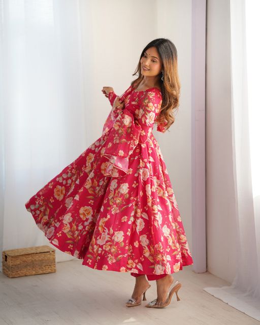  Anarkali Fabric  Heavy Pure Soft Organja Silk Print Gown  Micro Cotton Silk Free Size Fully Stitched