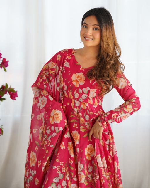  Anarkali Fabric  Heavy Pure Soft Organja Silk Print Gown  Micro Cotton Silk Free Size Fully Stitched