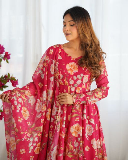  Anarkali Fabric  Heavy Pure Soft Organja Silk Print Gown  Micro Cotton Silk Free Size Fully Stitched