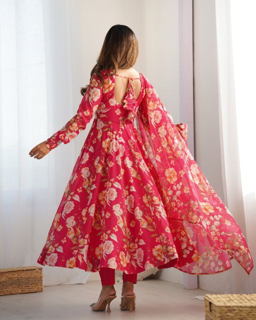  Anarkali Fabric  Heavy Pure Soft Organja Silk Print Gown  Micro Cotton Silk Free Size Fully Stitched