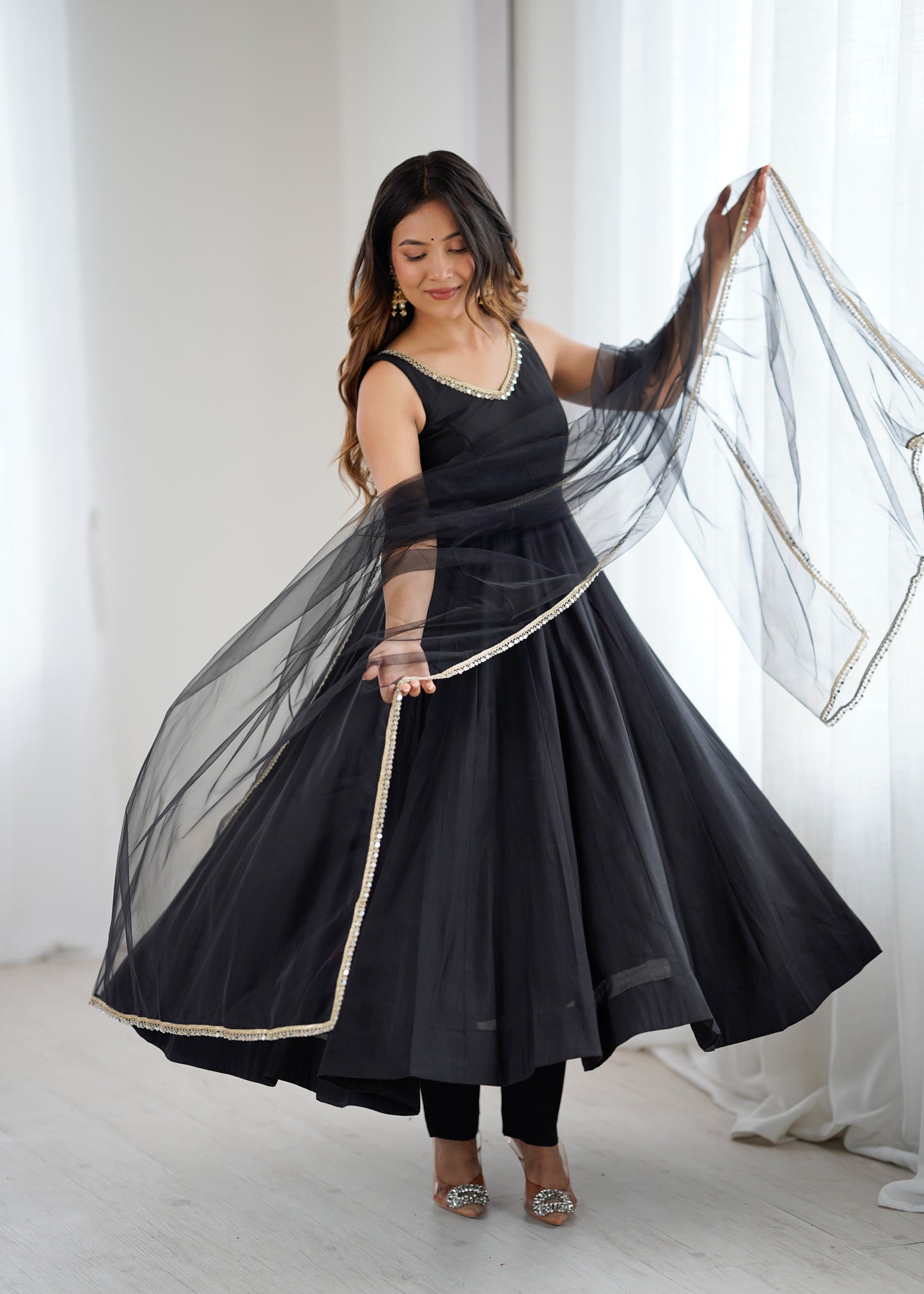 Women's Beautiful Roman Silk Chanderi Fabric Flared Anarkali Pant and Dupatta Set