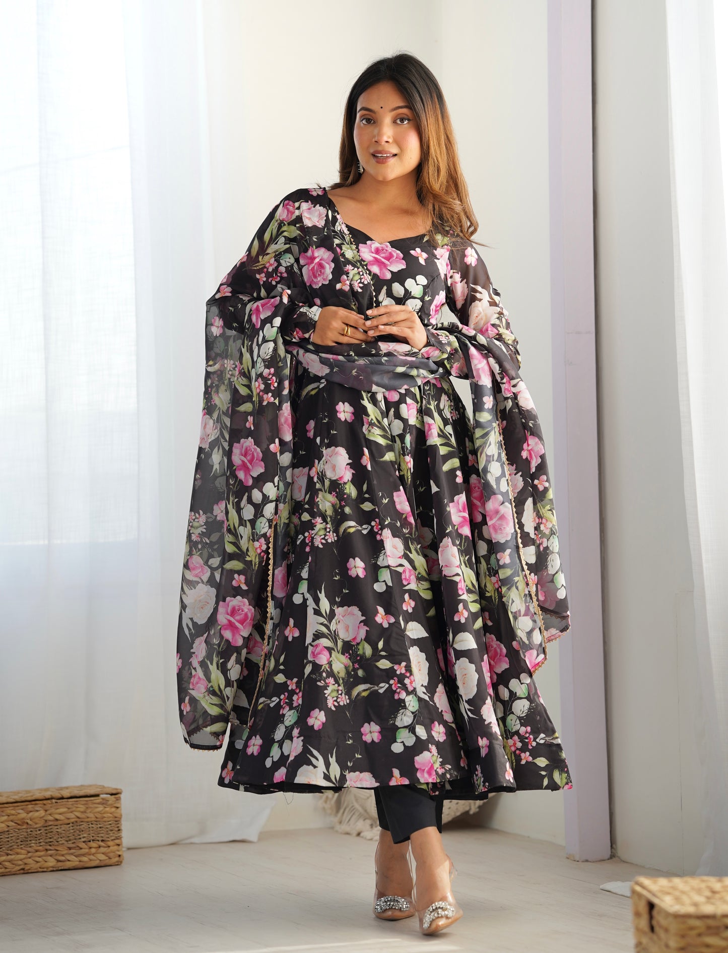 Women's Gorgeous Embroidery Rangoli Silk Fabric Straight Kurta Pant and Dupatta Set