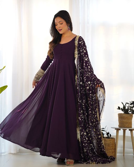 Women's Gorgeous Embroidery Work Fox Georgette Fabric Flared Anarkali Pant and Dupatta Set