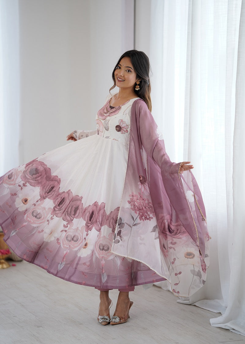 Onionpink Soft Organza Silk With Floral Print Fully Flared Anarkali Pant With Dupatta Set
