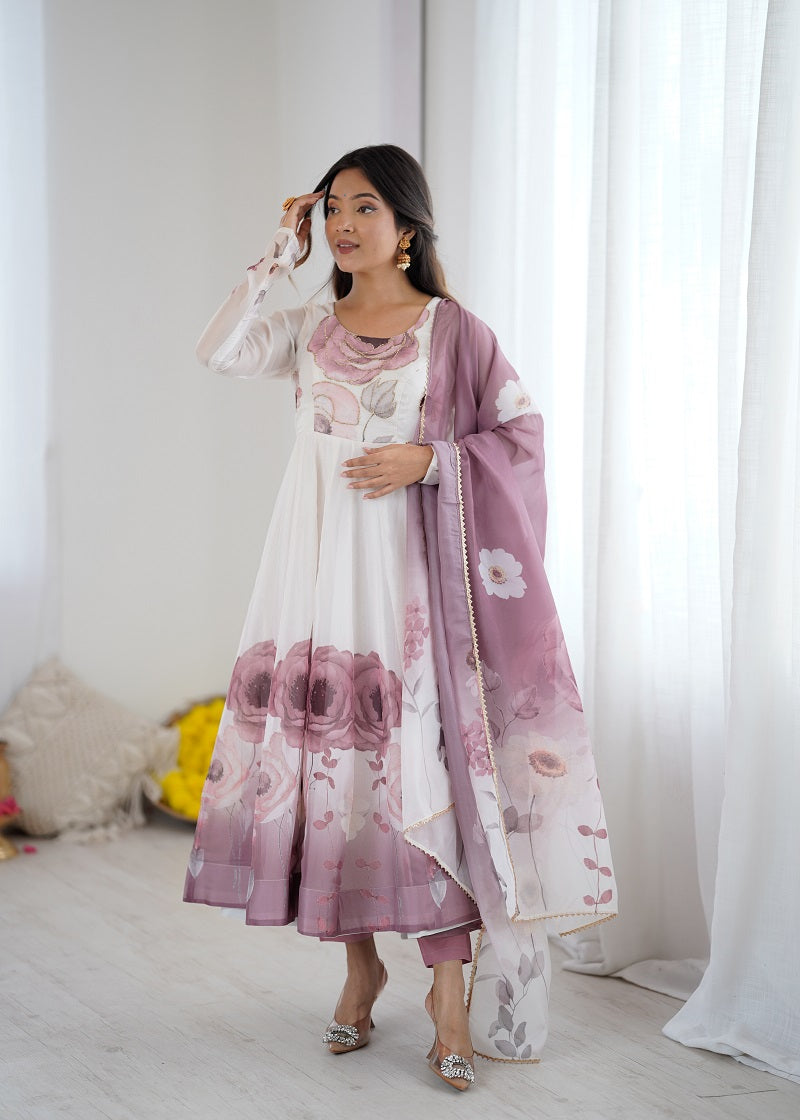 Onionpink Soft Organza Silk With Floral Print Fully Flared Anarkali Pant With Dupatta Set