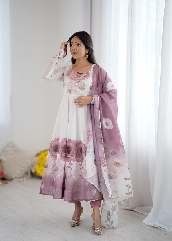 Onionpink Soft Organza Silk With Floral Print Fully Flared Anarkali Pant With Dupatta Set