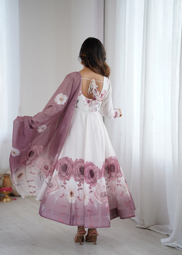 Onionpink Soft Organza Silk With Floral Print Fully Flared Anarkali Pant With Dupatta Set