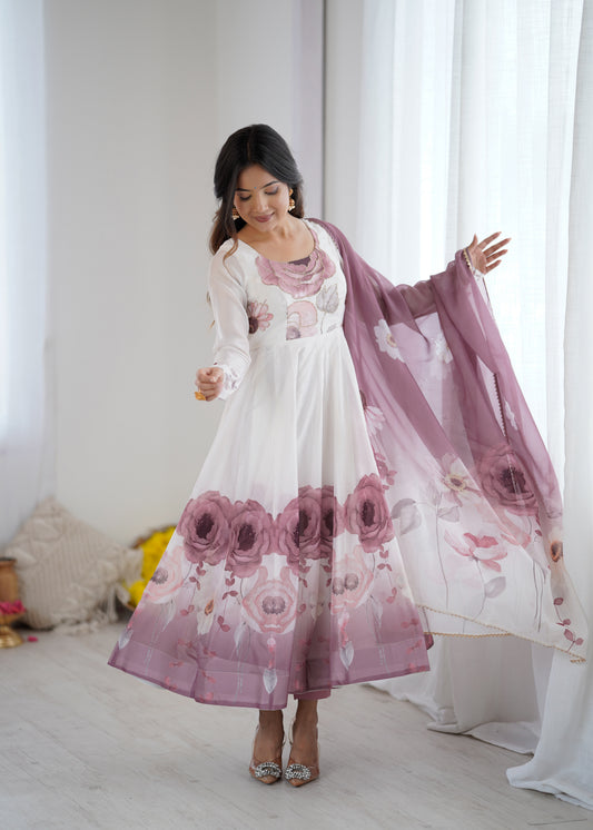 Women's Gorgeous Printed Organza Silk Fabric Flared Anarkali Pant and Dupatta Set 60