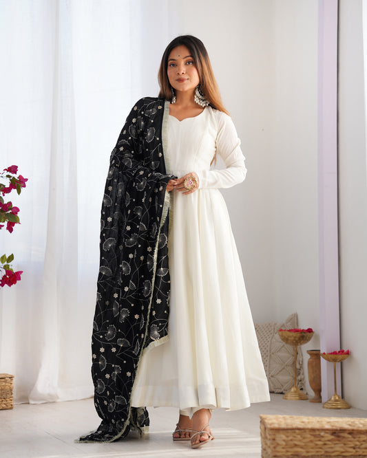 Women's Gorgeous Solid Vichitra Silk Fabric Flared Anarkali Pant and Dupatta Set