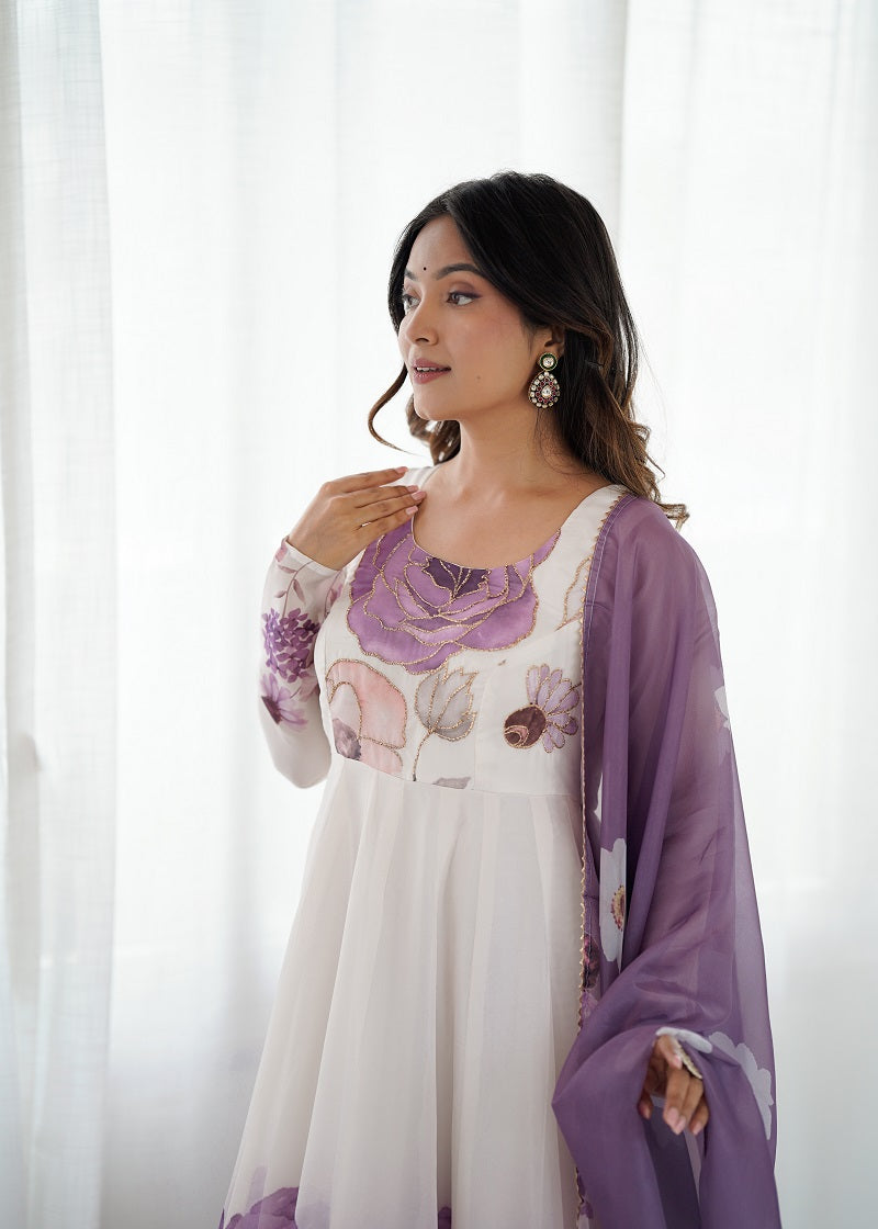 Violet Soft Organza Silk With Floral Print Fully Flared Anarkali Pant With Dupatta Set