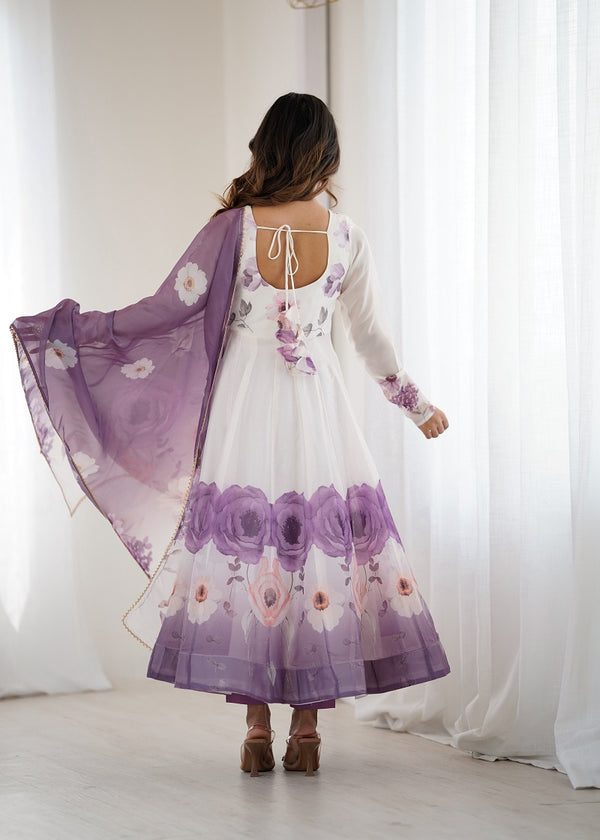 Violet Soft Organza Silk With Floral Print Fully Flared Anarkali Pant With Dupatta Set