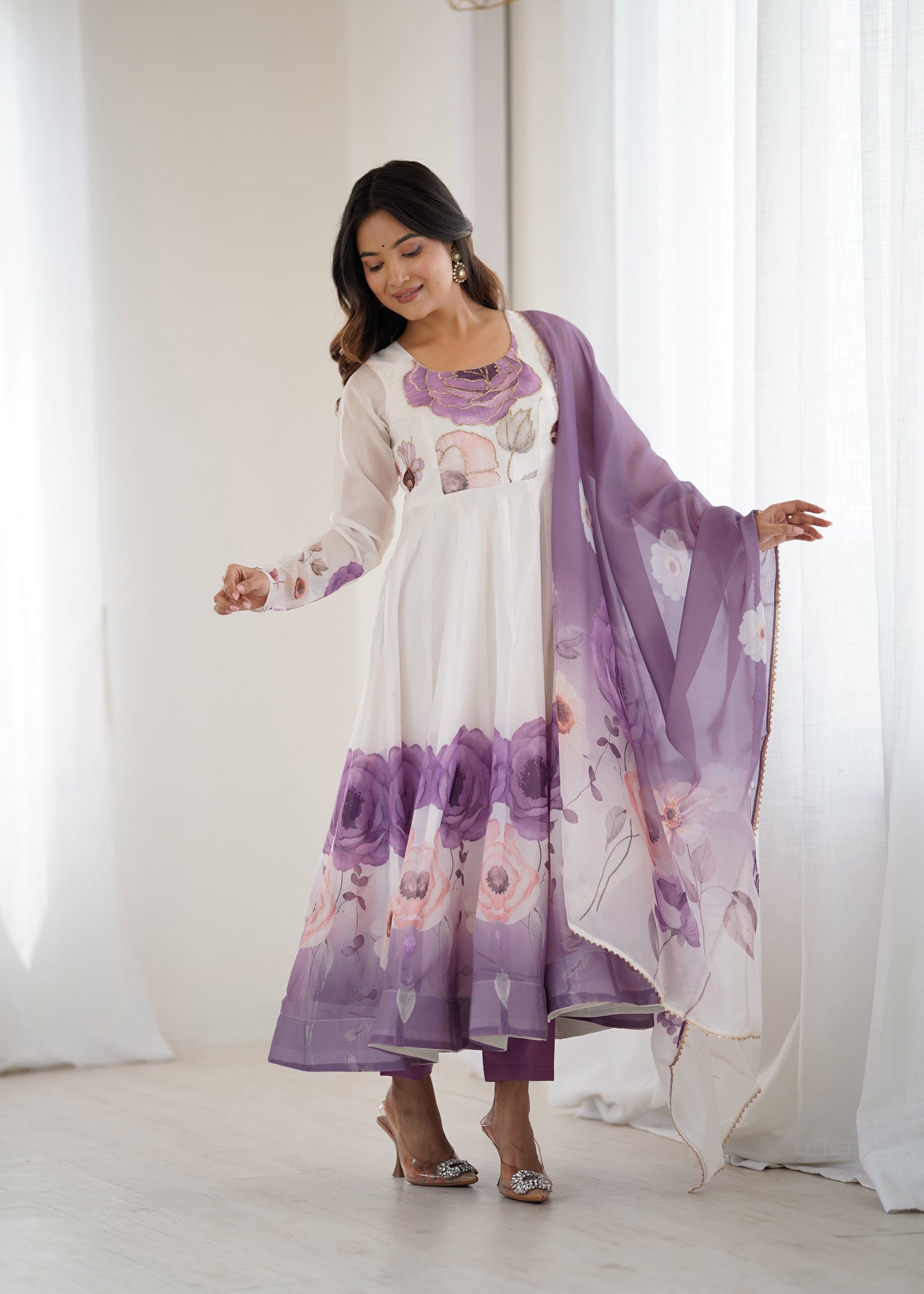 Women's Gorgeous Printed Organza Silk Fabric Flared Anarkali Pant and Dupatta Set 60