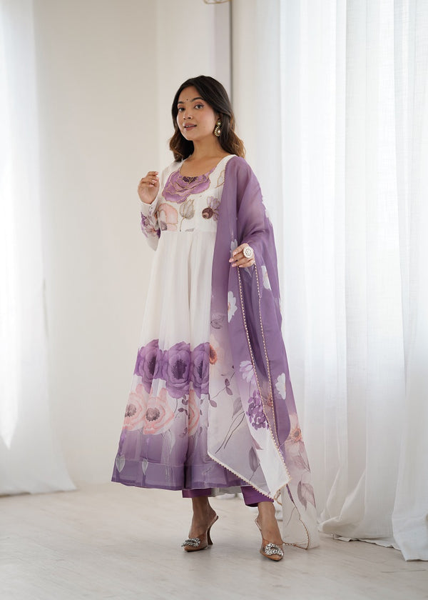 Violet Soft Organza Silk With Floral Print Fully Flared Anarkali Pant With Dupatta Set