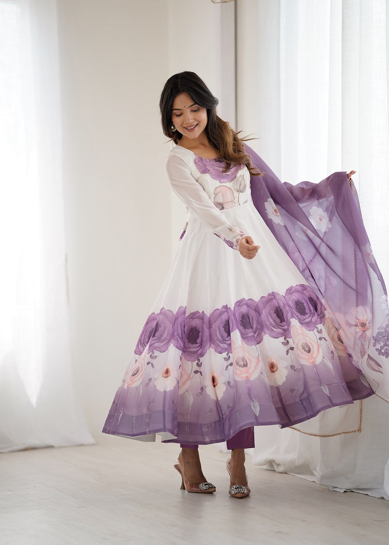 Violet Soft Organza Silk With Floral Print Fully Flared Anarkali Pant With Dupatta Set