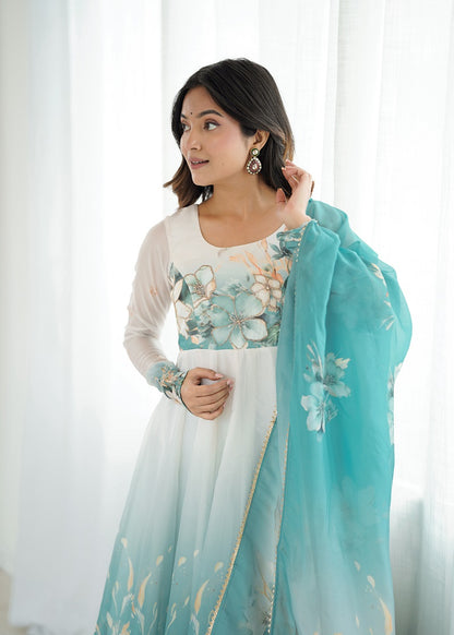 Aquablue Soft Organza Silk With Floral Print Fully Flared Anarkali Pant With Dupatta Set