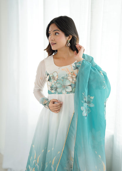 Women's Gorgeous Printed Organza Silk Fabric Flared Anarkali Pant and Dupatta Set 61