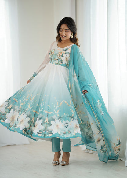 Aquablue Soft Organza Silk With Floral Print Fully Flared Anarkali Pant With Dupatta Set