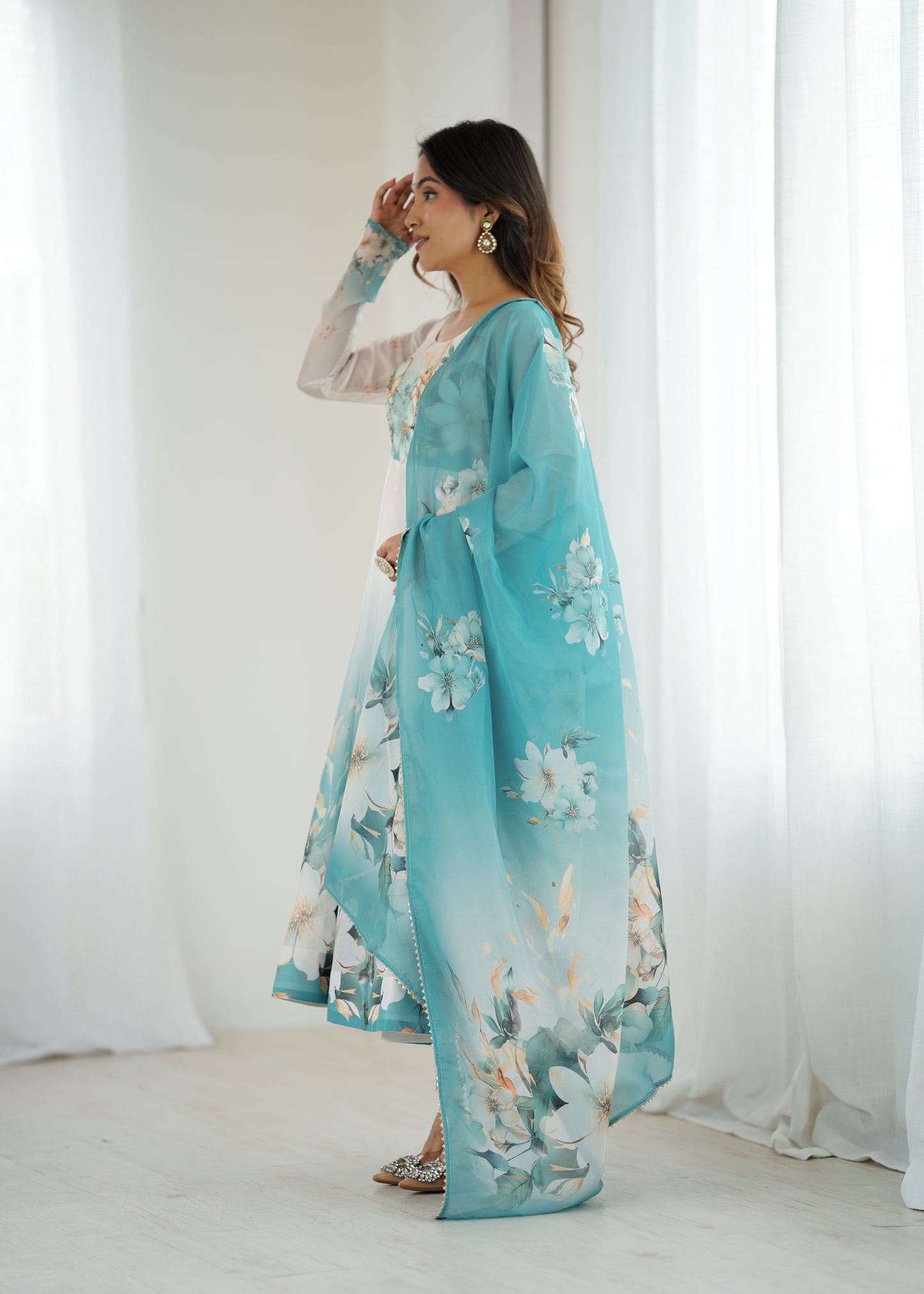 Women's Gorgeous Printed Organza Silk Fabric Flared Anarkali Pant and Dupatta Set 61