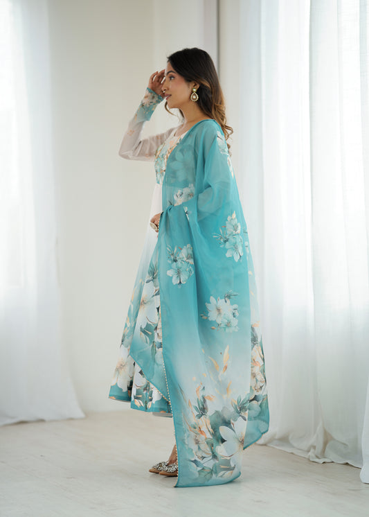 Women's Gorgeous Printed Organza Silk Fabric Flared Anarkali Pant and Dupatta Set 61