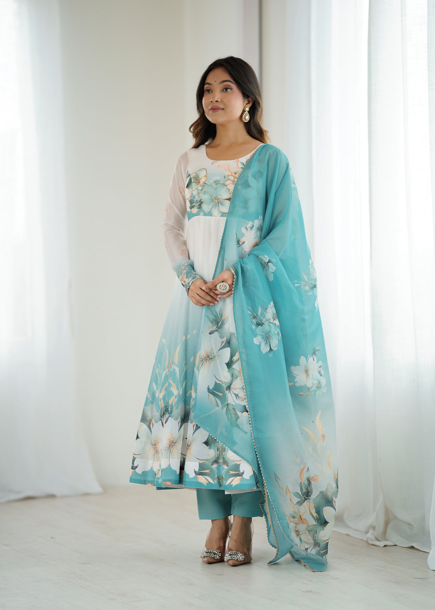 Women's Gorgeous Printed Organza Silk Fabric Flared Anarkali Pant and Dupatta Set 61