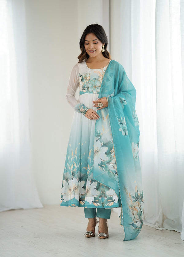 Aquablue Soft Organza Silk With Floral Print Fully Flared Anarkali Pant With Dupatta Set