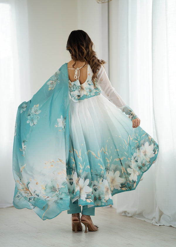 Aquablue Soft Organza Silk With Floral Print Fully Flared Anarkali Pant With Dupatta Set
