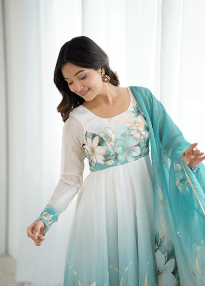 Women's Gorgeous Printed Organza Silk Fabric Flared Anarkali Pant and Dupatta Set 61