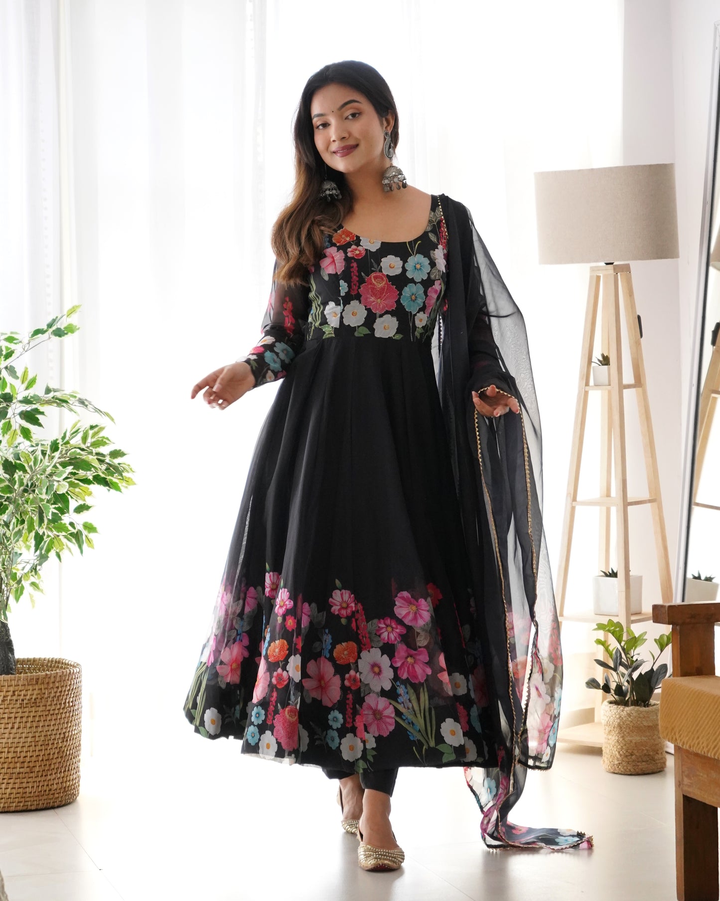 Women's Gorgeous Floral Printed Organza Silk Fabric Flared Anarkali Pant and Dupatta Set