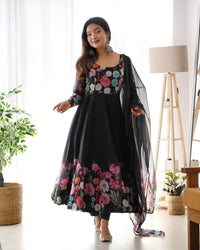 Women's Gorgeous Floral Printed Organza Silk Fabric Flared Anarkali Pant and Dupatta Set