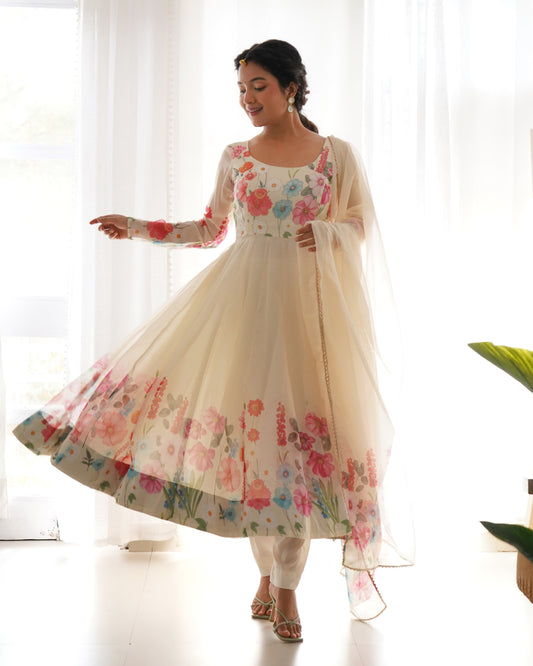 Women's Gorgeous Floral Printed Organza Silk Fabric Flared Anarkali Pant and Dupatta Set