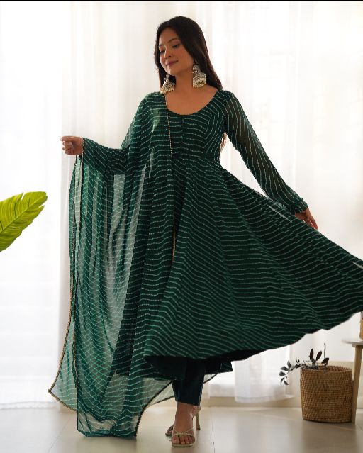 Women's Gorgeous Laheriya Print Fox Georgette Fabric Flared Anarkali Pant and Dupatta Set