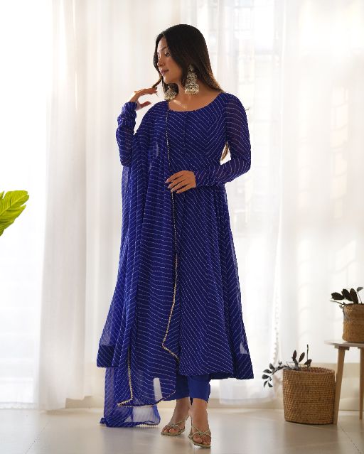 Women's Gorgeous Laheriya Print Fox Georgette Fabric Flared Anarkali Pant and Dupatta Set