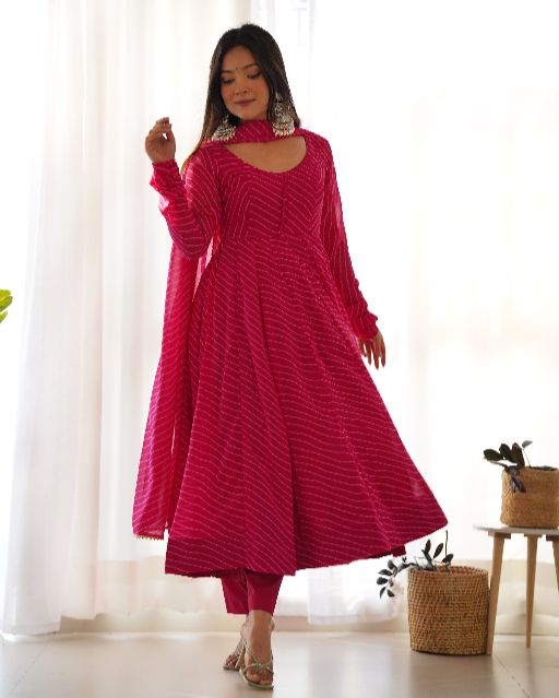 Women's Gorgeous Laheriya Print Fox Georgette Fabric Flared Anarkali Pant and Dupatta Set