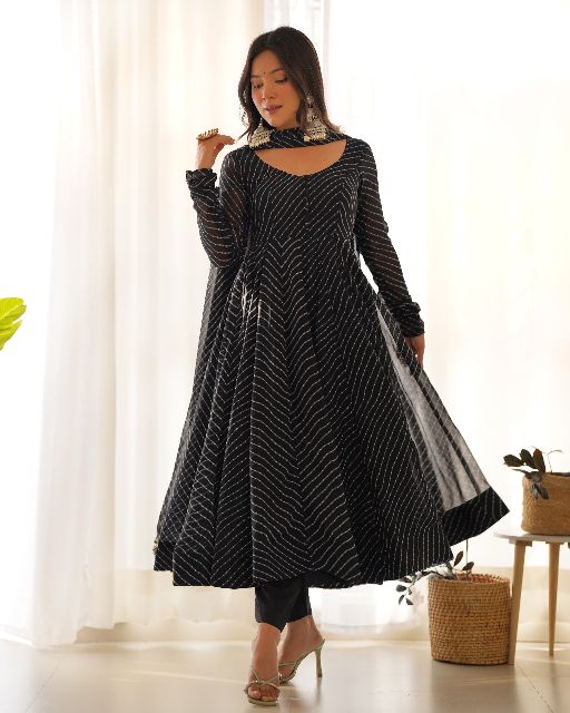 Women's Gorgeous Laheriya Print Fox Georgette Fabric Flared Anarkali Pant and Dupatta Set