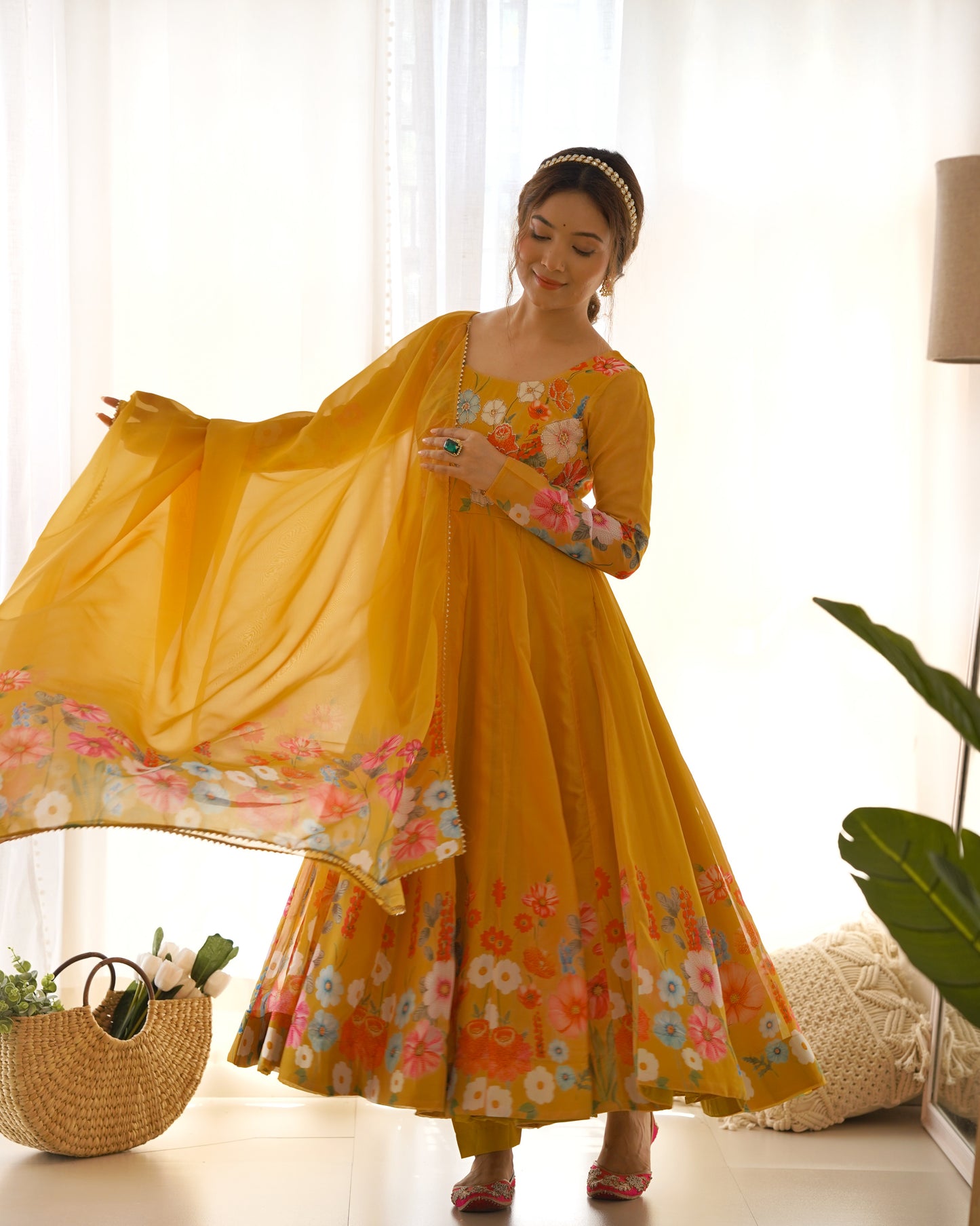 Women's Gorgeous Floral Printed Organza Silk Fabric Flared Anarkali Pant and Dupatta Set